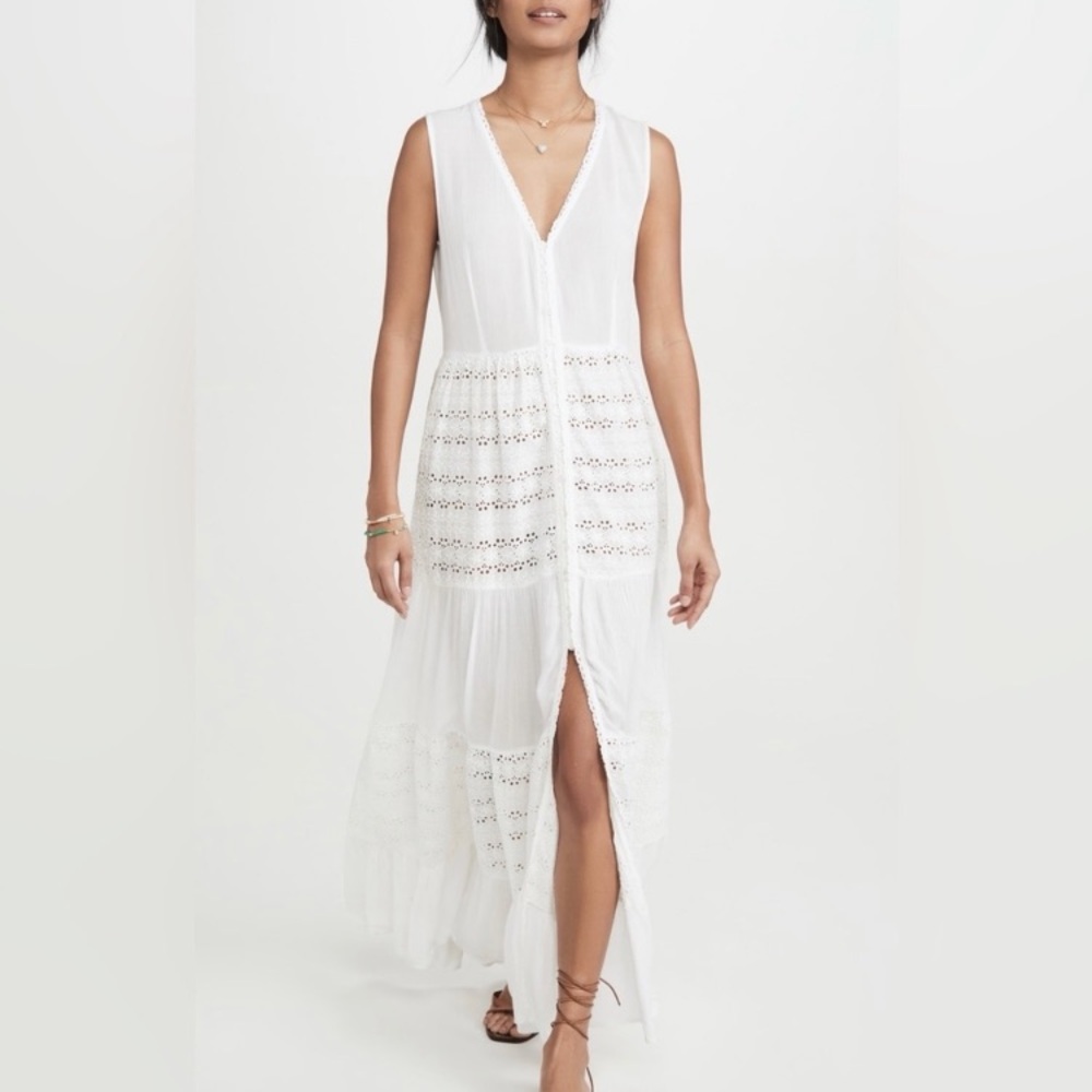 Playa Lucila White Eyelet Maxi Dress Crinkle Gauze Cotton Lace Sleeveless XS